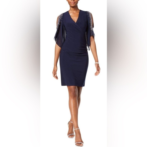 MSK Dresses & Skirts - NWT MSK Womens Navy Stretch Embellished Cold Shoulder Sheer Bell Sleeve Petite S
